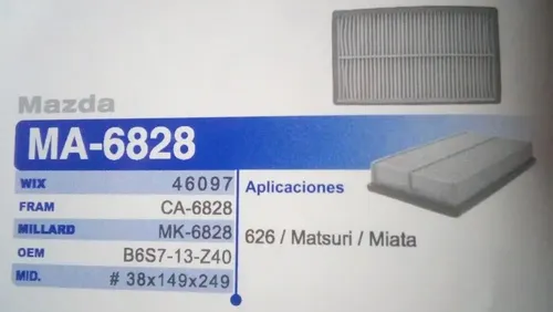 FILTRO AIRE MARTIN BROTHERS 6828 MAZDA 626 / MIATA /  FORD LASER